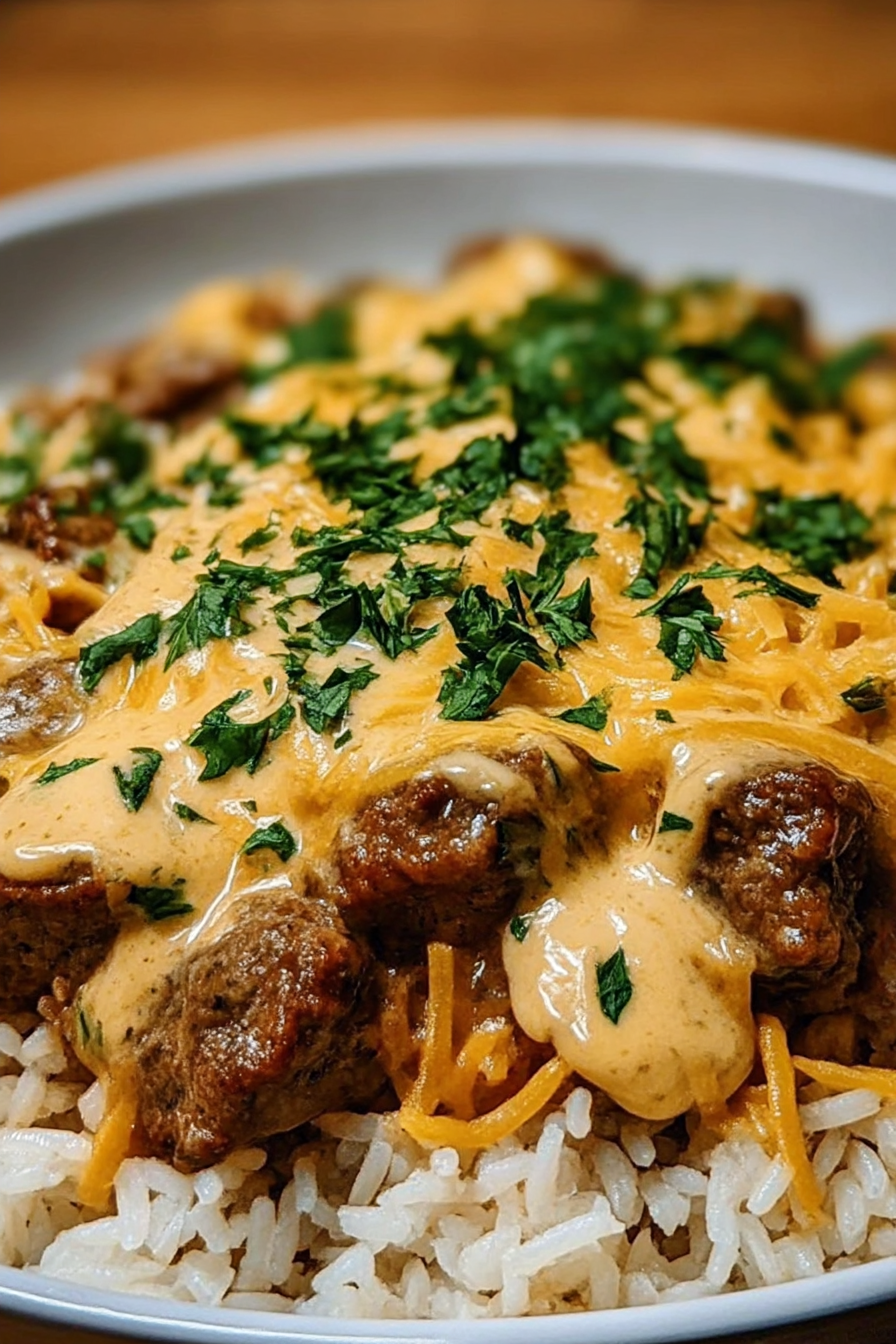 Garlic Butter Beef and Rice Skillet with Cheddar Parmesan Sauce image 2