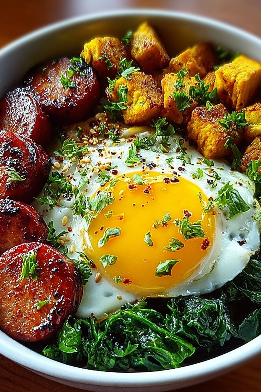 Savory Breakfast Power Bowl with chicken sausage, eggs & Greens image 2