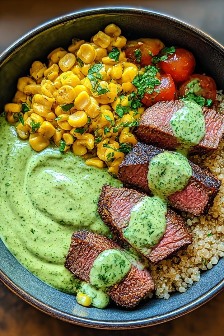 Steak Avocado Roasted Corn Bowl with Cilantro Cream Sauce delights! image 2
