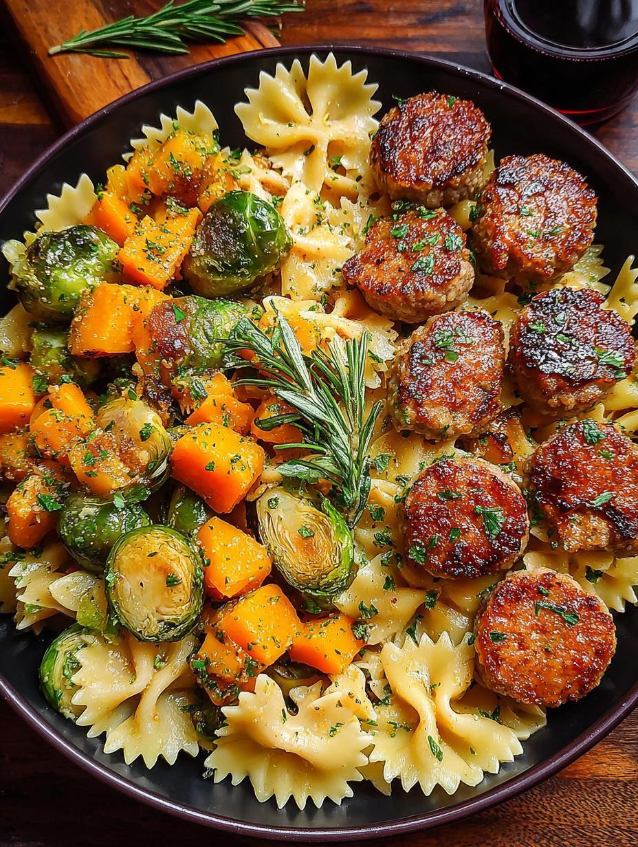 Autumn Dinner with chicken sausage, pasta, Brussels sprouts, and butternut squash image 2