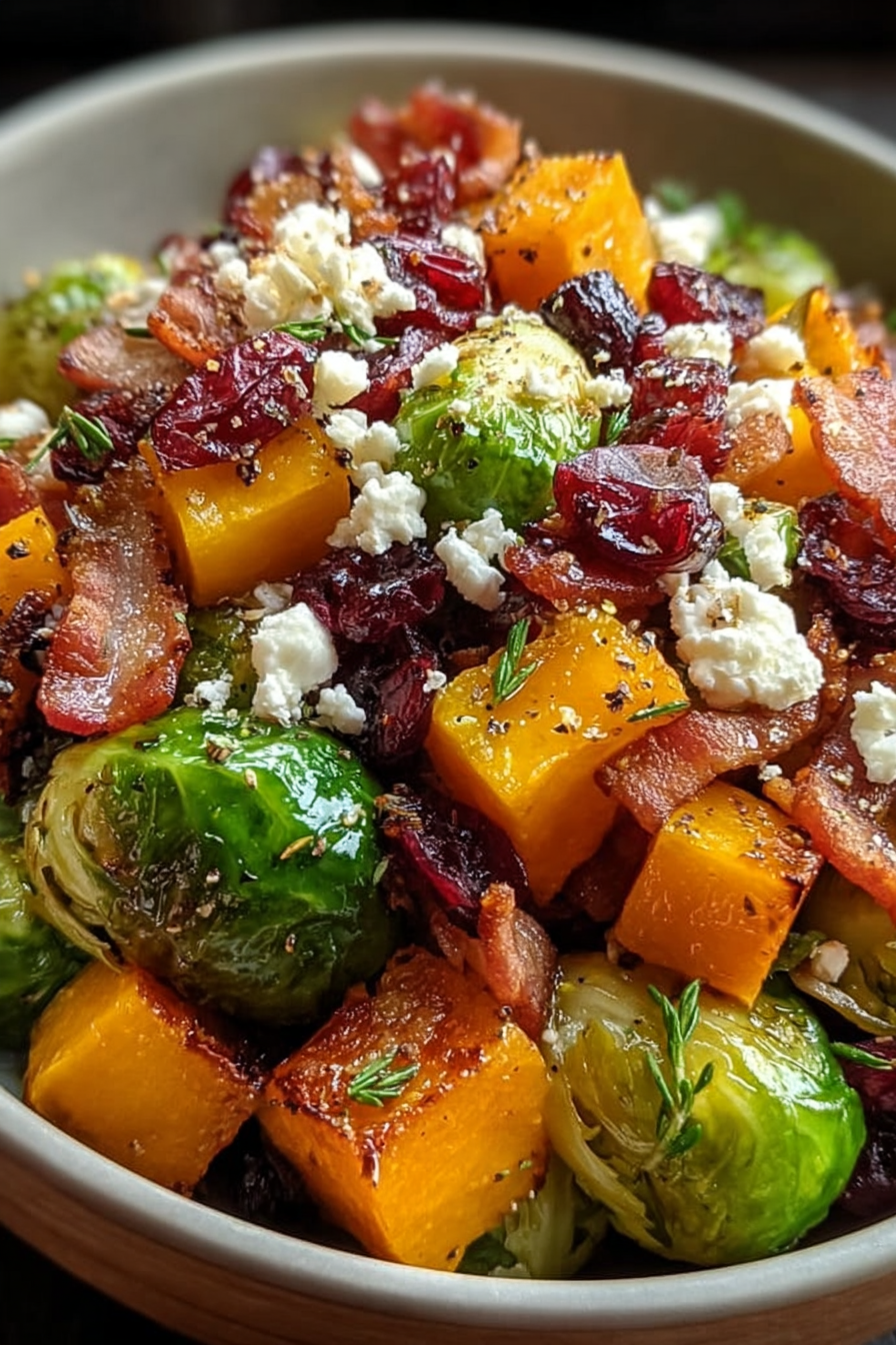 Honey-Glazed Brussels Sprouts and Butternut Squash with turkey beef bacon, cranberries, and feta image 2