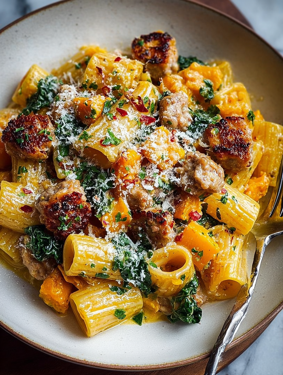 Creamy rigatoni with butternut squash and spicy chicken sausage image 2