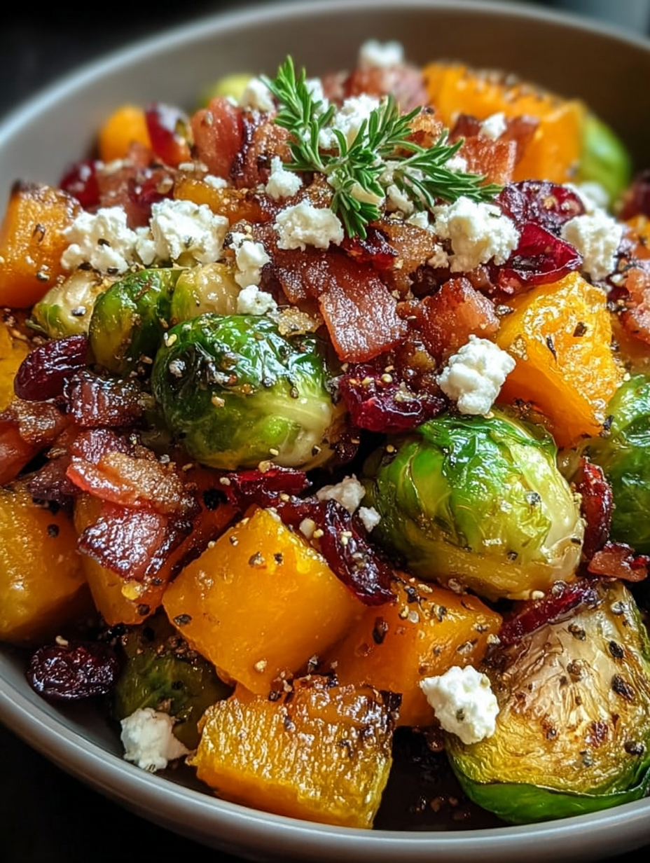 Honey-Glazed Brussels Sprouts and Butternut Squash with turkey turkey bacon de dinde, Cranberries, and Feta image 2