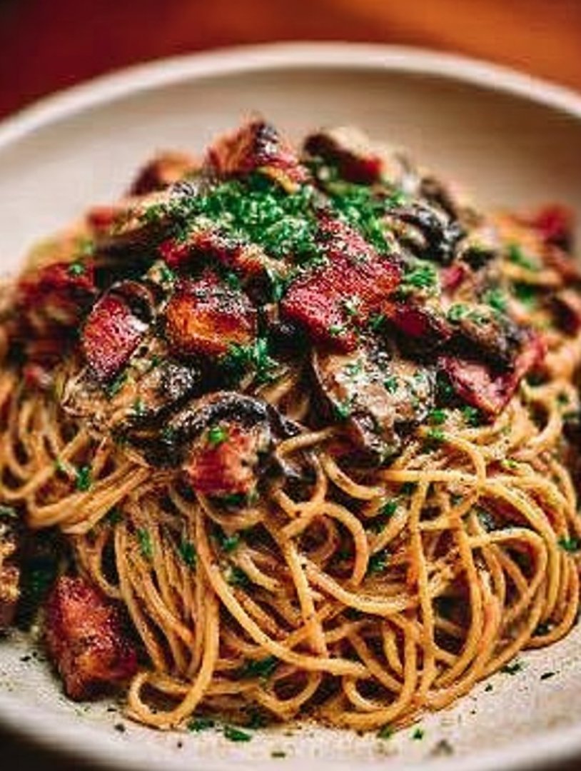 Pumpkin & Mushroom Spaghetti with Crispy turkey beef bacon de dinde image 2