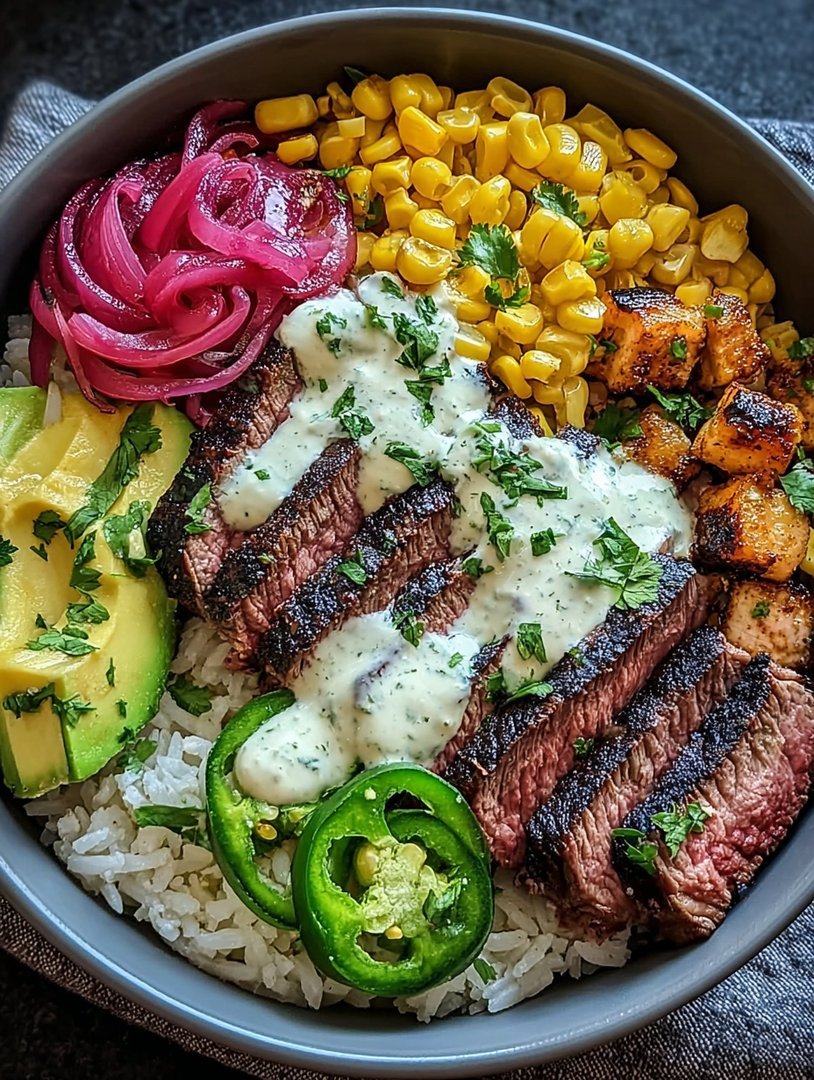 Steak, Avocado, and Roasted Corn Bowl with Cilantro Cream Sauce image 2