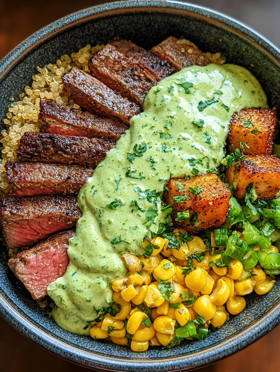 Delicious Steak, Avocado & Roasted Corn Bowl with Creamy Cilantro Drizzle image 2