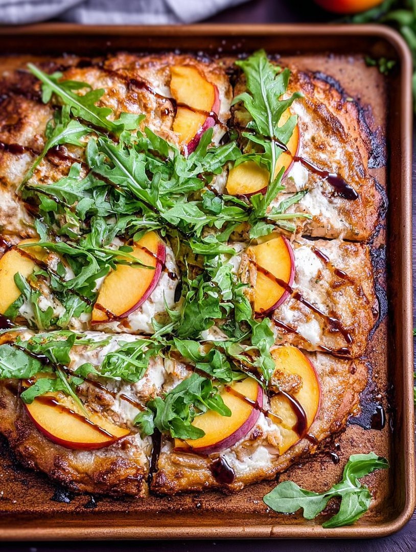 Chicken Peach Ricotta Pizza with Arugula and Balsamic Glaze image 2