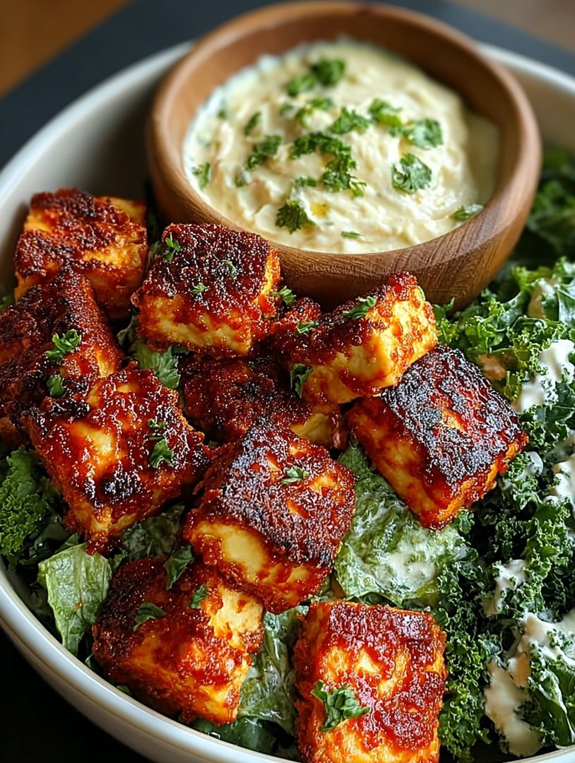Crispy Buffalo Tofu with Creamy Caesar Salad image 2